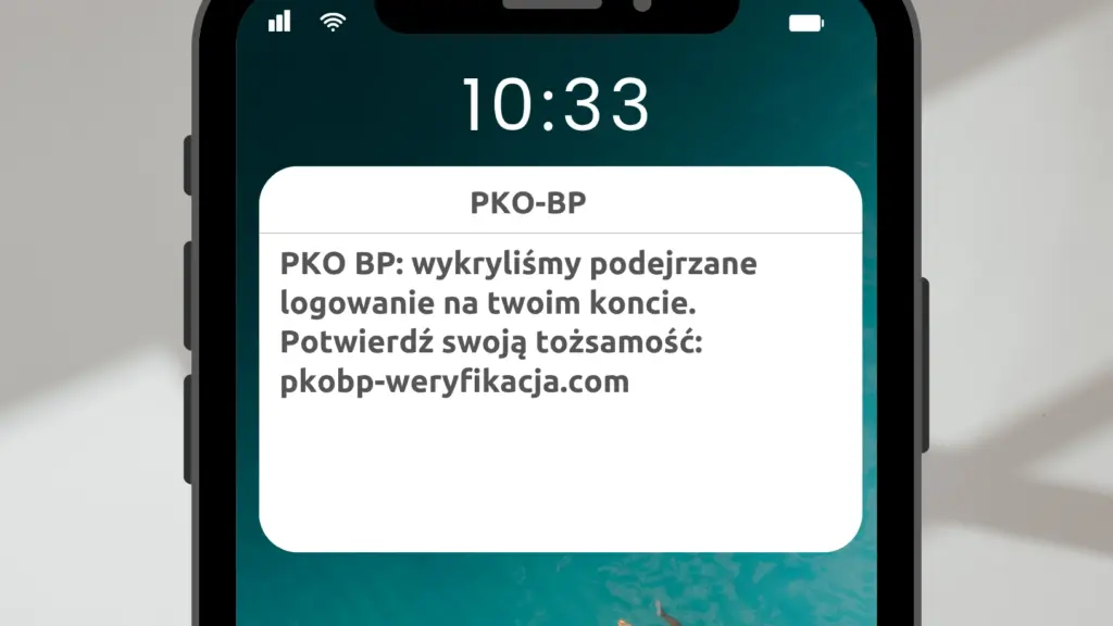 Scenariusz: SMS: "PKO BP: wykryliśmy podejrzane logowanie na twoim koncie. Potwierdź swoją tożsamość: pkobp-weryfikacja.com".