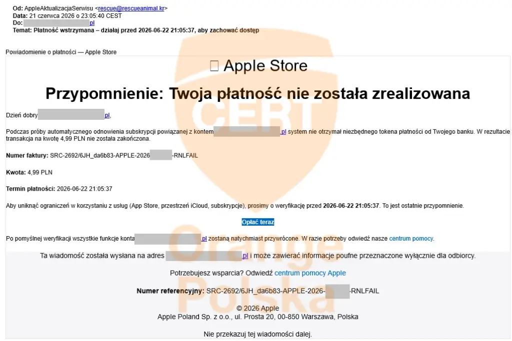 Obserwujemy również oszustwa z podszyciem pod Apple nie odwołujące się do usługi Apple Pay.
