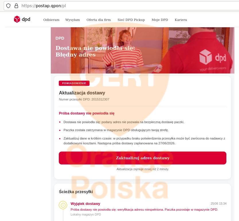 Choć grafika przypomina witrynę kuriera, to nie jest paczka z DPD. To oszustwo.