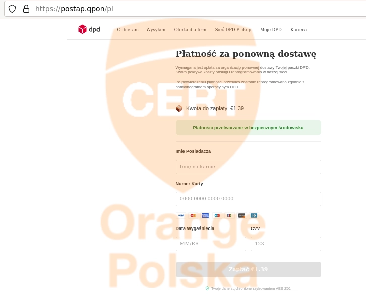 rzekoma paczka z DPD ma wymagać płatności za ponowną dostawę. Dane karty, które tu wpiszesz, trafią do oszustów.