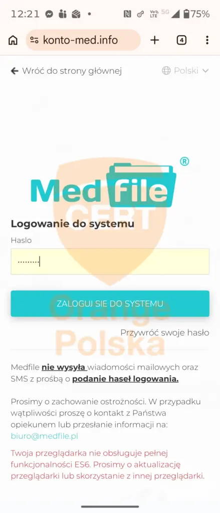 Ofiara wierząc, że loguje się do systemu Medfile podaje swoje dane oszustom