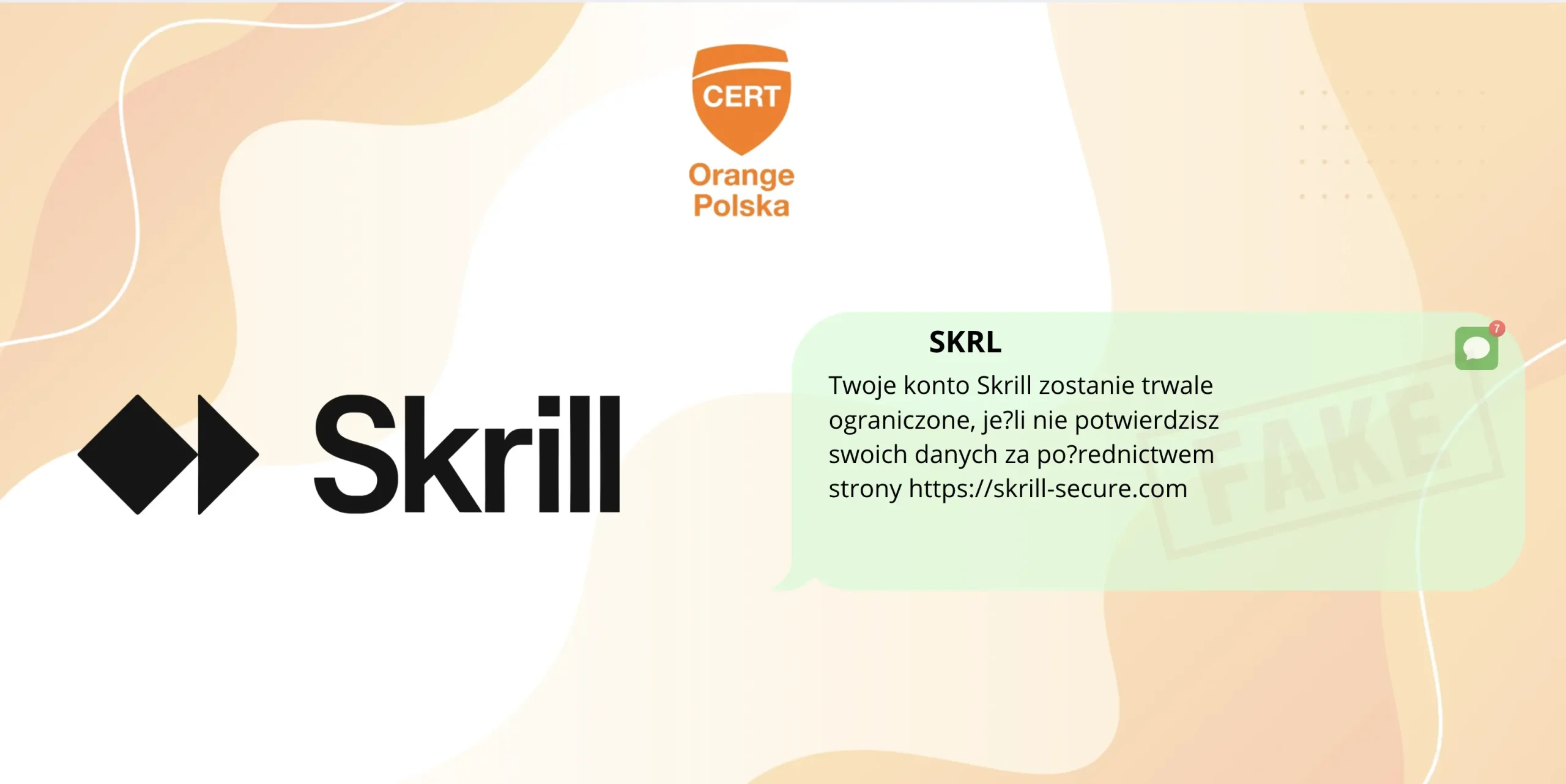 Grafika pokazuje logotyp Skrill oraz treść fałszywego SMS-a.