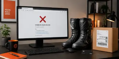Obrazek przedstawia biurko a na nim monitor, buty motocyklowe i paczkę.