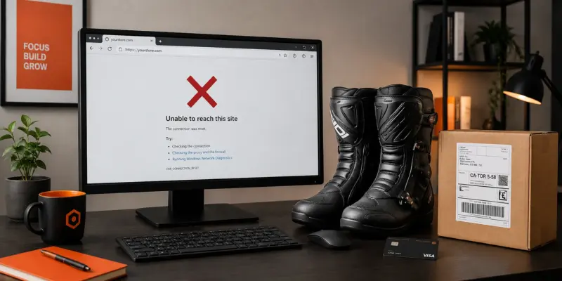 Obrazek przedstawia biurko a na nim monitor, buty motocyklowe i paczkę.