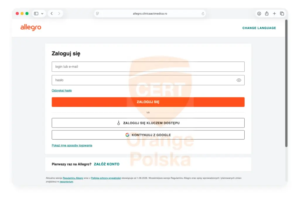 Okno logowania na fałszywej stronie