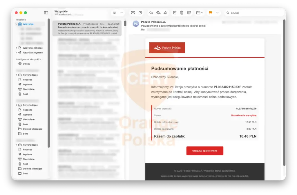 Fałszywy mail podszywający się pod Pocztę Polską z informacją o dopłacie za przesyłkę