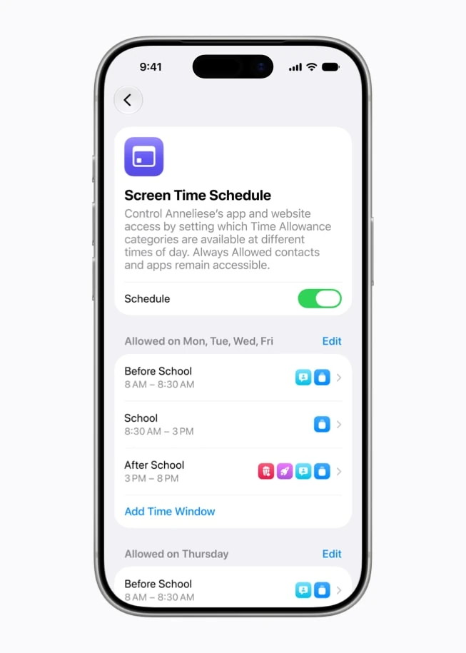 Ekran przedstawia tworzenie harmonogramu korzystania z urządzeń w nowej aplikacji Screen Time.