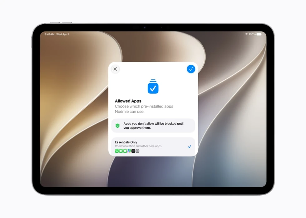 Ekran systemu iOS przedstawiający wygląd procesu akceptowania aplikacji, które dziecko może zainstalować na swoim urządzeniu.