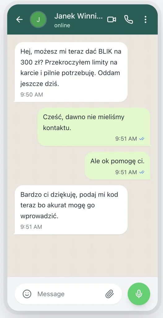 Przykładowa próba wyłudzenia kodu BLIK.