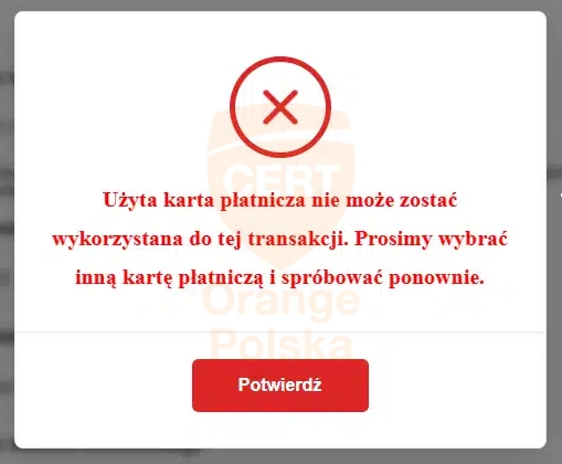 Gdy podamy zły numer karty dowiemy się, że nie można jej użyć do transakcji.