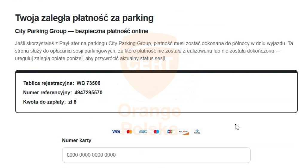 Fałszywa informacja o rzekomej zaległej opłacie za parkowanie.