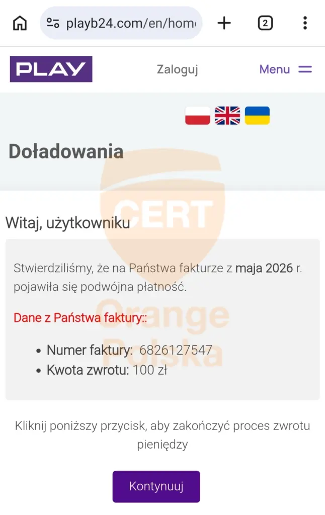 Po wejściu na stronę przypominającą operatora Play widzimy informacje o rzekomo nadpłaconej fakturze.
