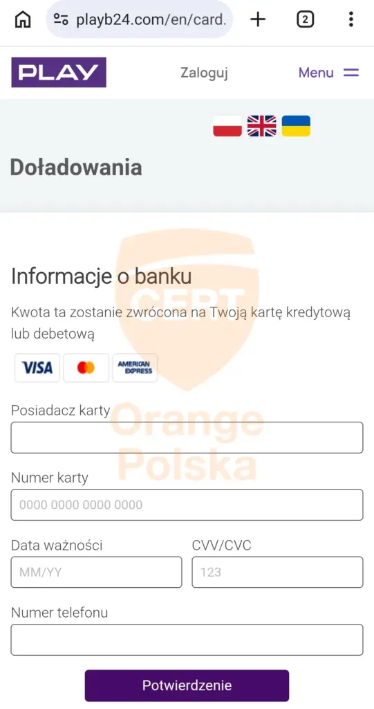 Kolejny krok to okienko do podania danych karty.