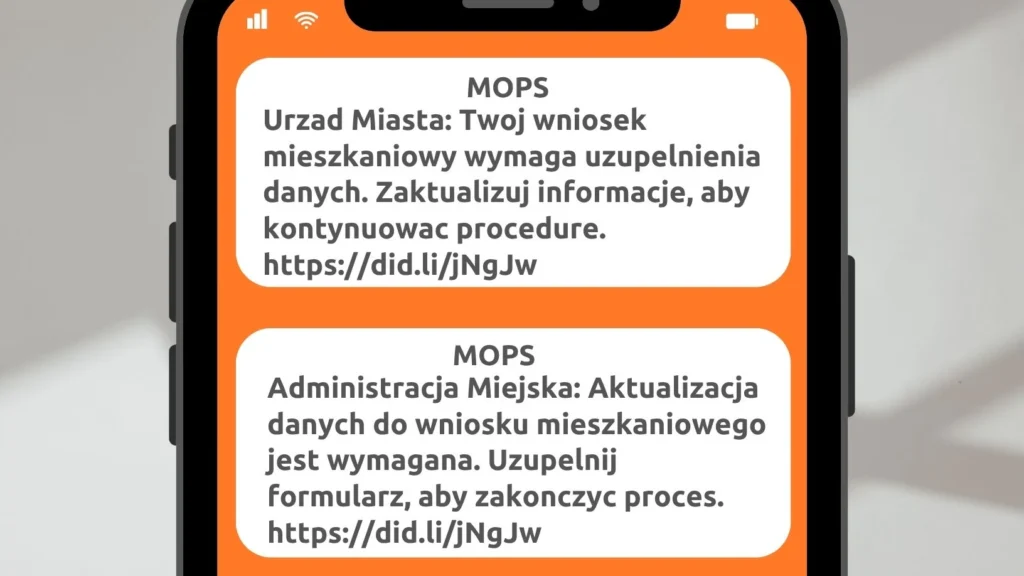 Obrazek zawiera ilustrację wiadomości SMS wysyłanych przez oszustów. Oto ich treść: Informujemy, ze Twoj wniosek mieszkaniowy wymaga uzupelnienia danych. Zaktualizuj informacje, aby kontynuowac procedure.  Administracja Miejska: Aktualizacja danych do wniosku mieszkaniowego jest wymagana. Uzupelnij formularz, aby zakonczyc proces. 