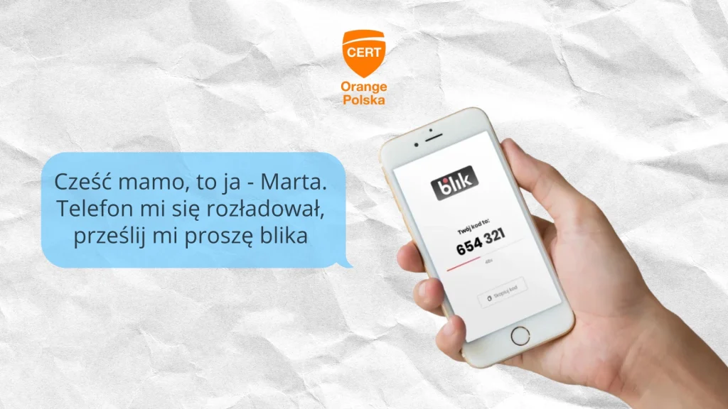 Zdjęcie przedstawia fragment fałszywej wiadomści sms oraz telefon z kodem transakcji BLIK.