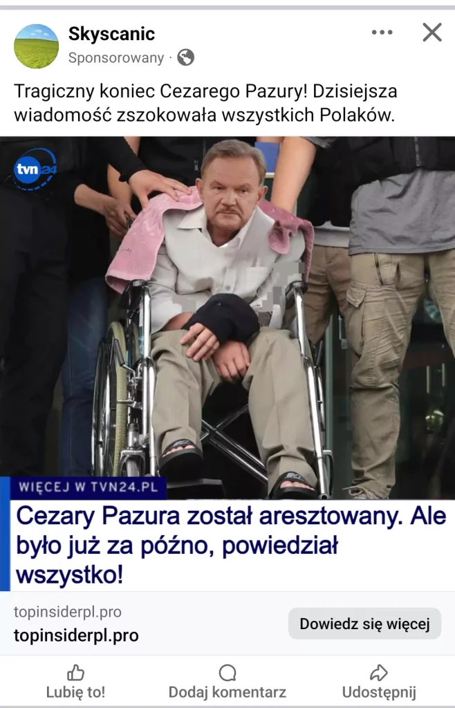 Obraz przedstawia przykładową reklamę fałszywej kampanii w portalu Facebook.