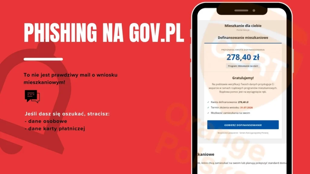 Obraz przedstawia makietę fałszywego email na telefonie i kluczowe informacje jak ustrzec się przed oszustwem