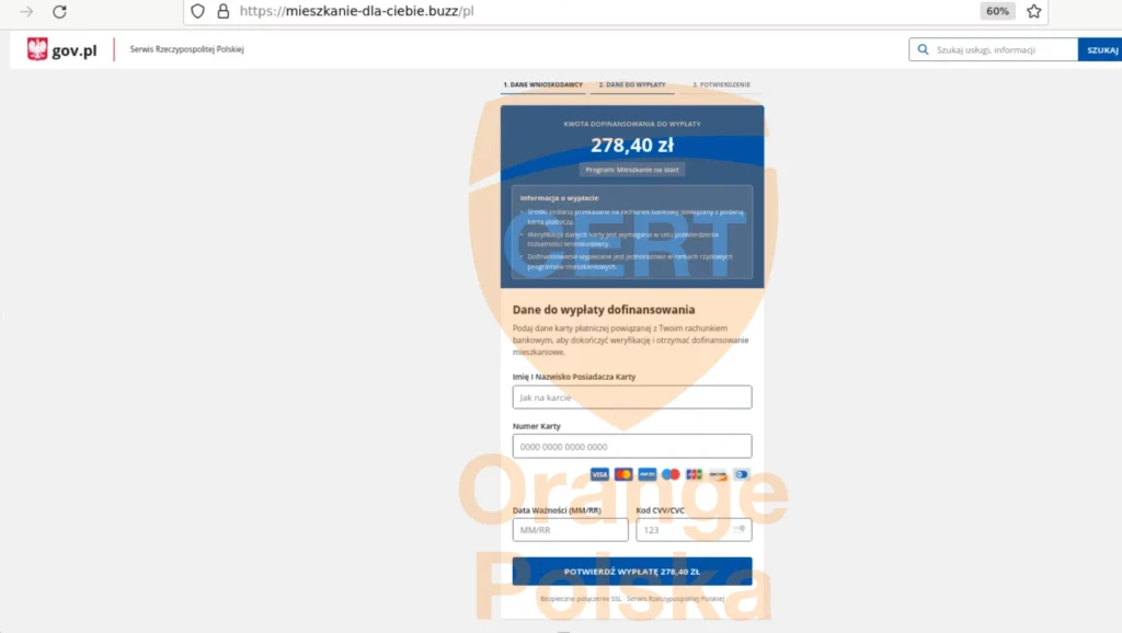 Zrzut ekranu strony podszywającej się pod serwis gov.pl na etapie wyłudzenia danych karty płatniczej.