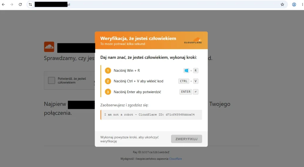Krok 2 ataku ClickFix - zachęta do uruchomienia wiersza polecenia