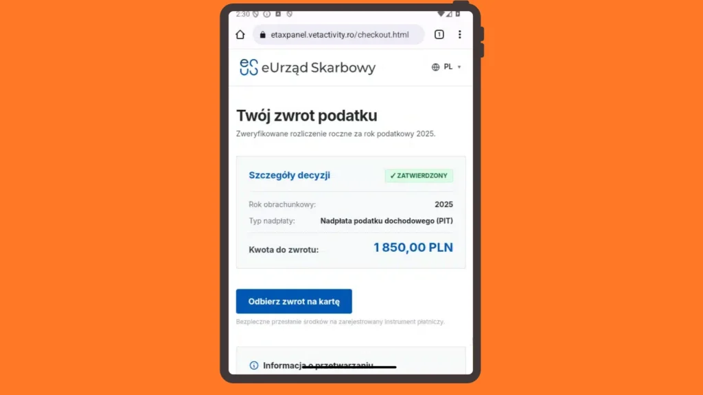 Pierwszy ekran fałszywej strony sugeruje, że Urząd Skarbowy zwróci nam pieniądze.