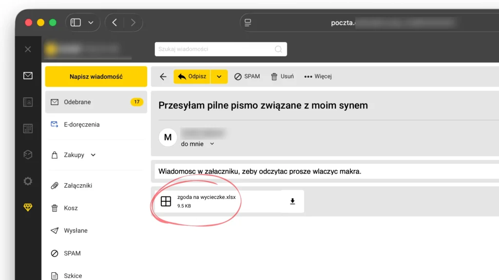 screen z wiadomością od oszusta