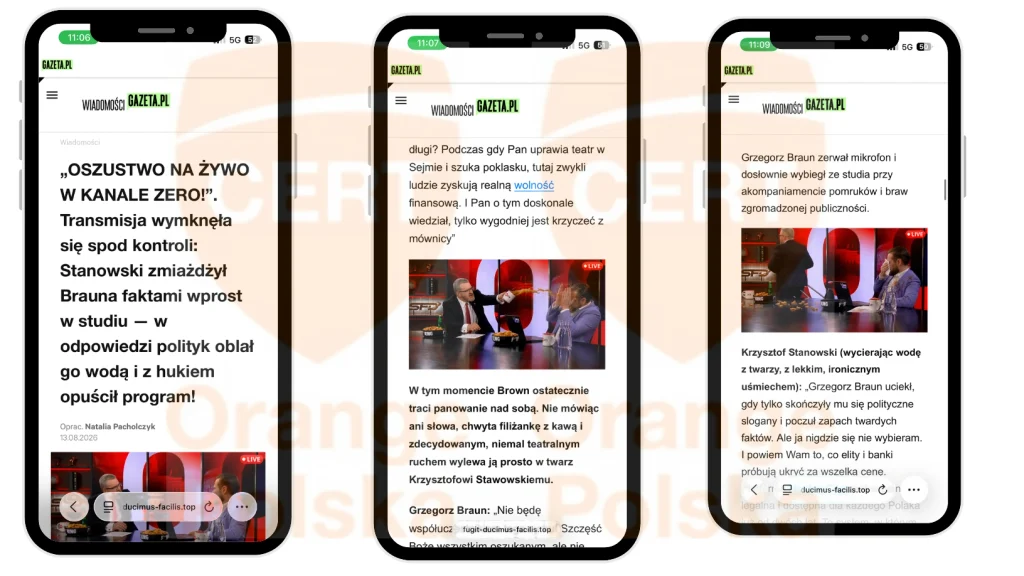 Fragmenty publikacji podszywającej się pod serwis gazeta.pl, z wykorzystaniem sztucznej inteligencji do tworzenia zdjęć.