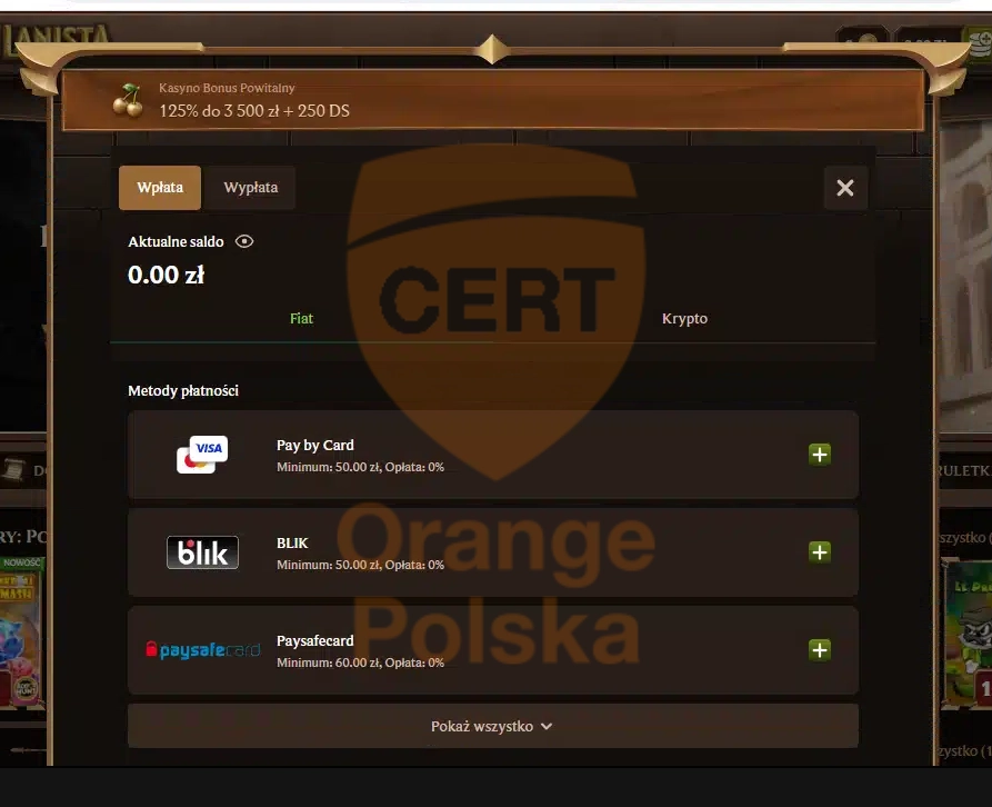 Metody możliwej wpłaty to karta płatnicza, karta podarunkowa lub BLIK