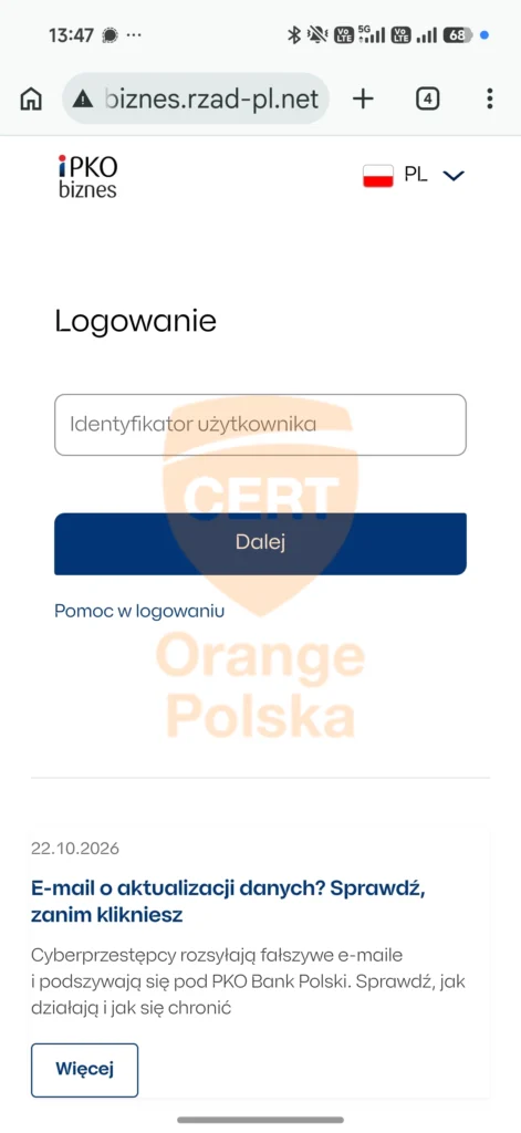 Fałszywa strona PKO BP prosi o identyfikator użytkownika
