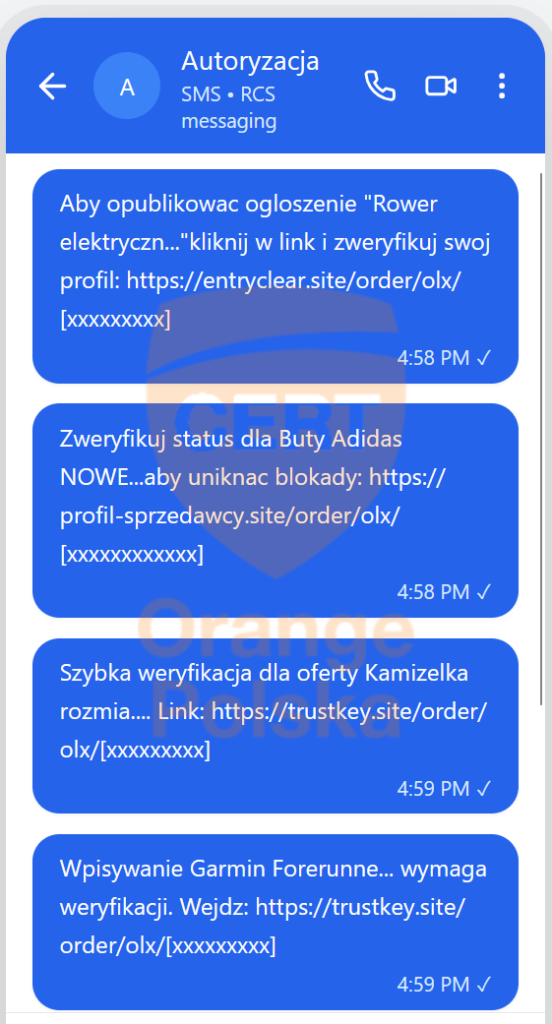Przykłady fałszywych SMS-ów podszywających się pod OLX