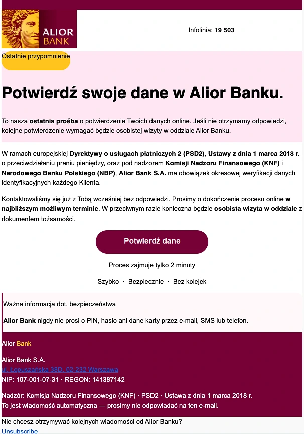 Oszuści podszywają się pod Alior Bank. Jak rozpoznać fałszywy e-mail i stronę logowania?